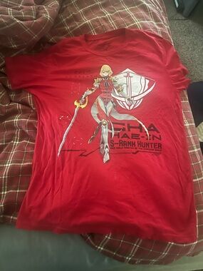 Red Graphic Short Sleeve Tee with Anime Knight Print